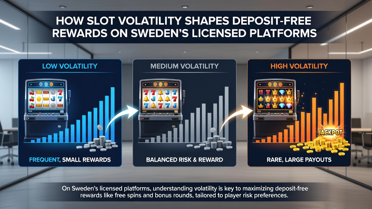 Infographic comparing low, medium, and high volatility slots alongside corresponding no-deposit bonus structures on Swedish licensed sites